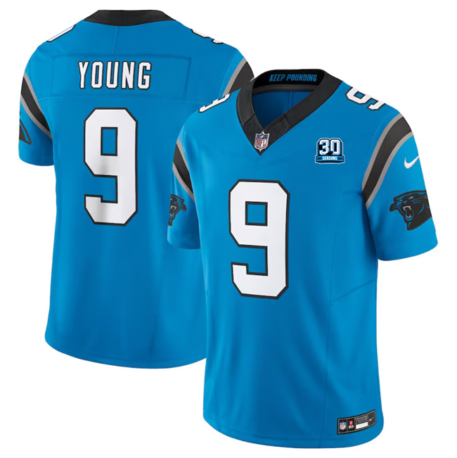 Men's Carolina Panthers #9 Bryce Young Blue 2024 30th Anniversary Patch F.U.S.E. Vapor Limited Stitched Football Jersey