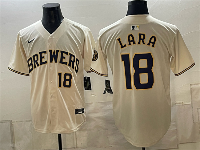 Men's Milwaukee Brewers #18 Luis Lara Cream Stitched Baseball Jersey