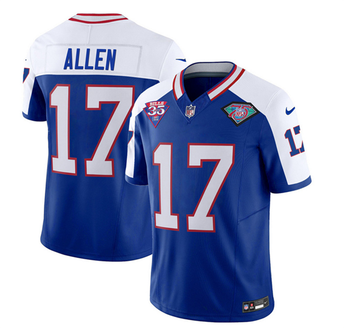 Men's Buffalo Bills #17 Josh Allen Blue White 35th And 75th Patch 2023 F.U.S.E. Throwback Vapor Untouchable Limited Stitched Jersey Men's Buffalo Bills #17 Josh Allen Blue White 35th And 75th Patch 2023 F.U.S.E. Throwback Vapor Untouchable Limited Stitched Jersey