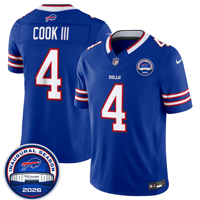 Men's Buffalo Bills #4 James Cook III Blue F.U.S.E. 2026 Inaugural Season at Highmark Stadium Stitched Football Jersey Men's Buffalo Bills #4 James Cook III Blue F.U.S.E. 2026 Inaugural Season at Highmark Stadium Stitched Football Jersey