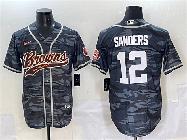 Men's Cleveland Browns #12 Shedeur Sanders Grey Camo With Patch Cool Base Stitched Baseball Jersey Men's Cleveland Browns #12 Shedeur Sanders Grey Camo With Patch Cool Base Stitched Baseball Jersey