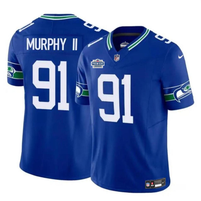 Men's Seattle Seahawks #91 Byron Murphy II Royal 2024 With Dradt Patch F.U.S.E Throwback Vapor Limited Stitched Football Jersey Men's Seattle Seahawks #91 Byron Murphy II Royal 2024 With Dradt Patch F.U.S.E Throwback Vapor Limited Stitched Football Jersey