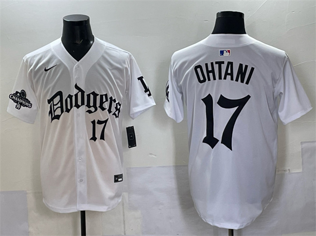 Men's Los Angeles Dodgers #17 Shohei Ohtani White 2025 LA Gothic Style With 2024 World Series Champions Patch Vapor Premier Limited Stitched Baseball Jersey Men's Los Angeles Dodgers #17 Shohei Ohtani White 2025 LA Gothic Style With 2024 World Series Champions Patch Vapor Premier Limited Stitched Baseball Jersey
