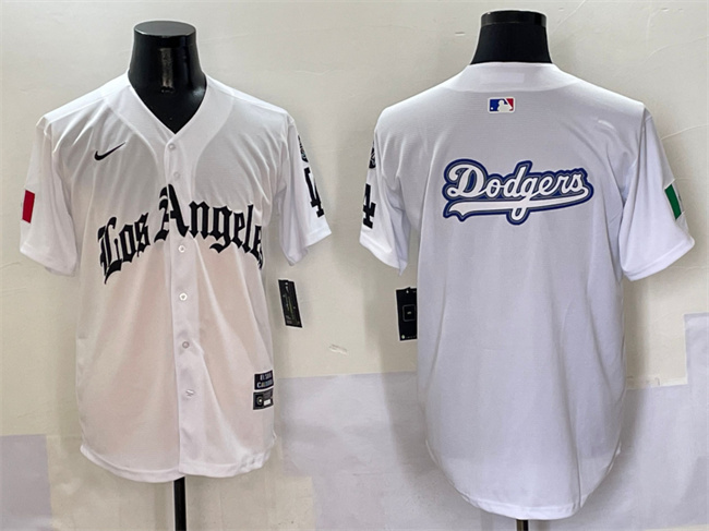 Men's Los Angeles Dodgers Team Big Logo White Mexico 2025 LA Gothic Style With Fernando Patch Vapor Premier Limited Stitched Baseball Jersey 003 Men's Los Angeles Dodgers Team Big Logo White Mexico 2025 LA Gothic Style With Fernando Patch Vapor Premier Limited Stitched Baseball Jersey 003