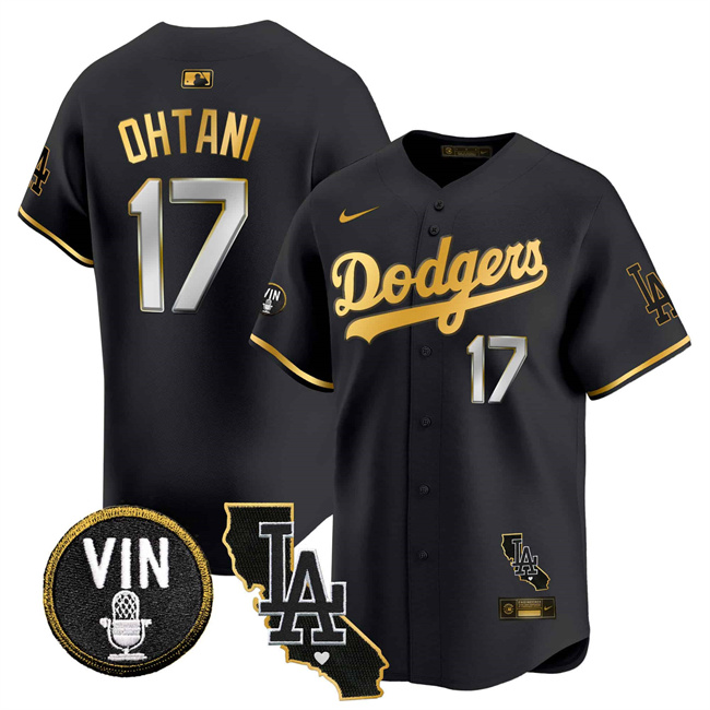 Men's Los Angeles Dodgers #17 Shohei Ohtani Black Gold Vin & California Patch Vapor Limited Stitched Baseball Jersey Men's Los Angeles Dodgers #17 Shohei Ohtani Black Gold Vin & California Patch Vapor Limited Stitched Baseball Jersey