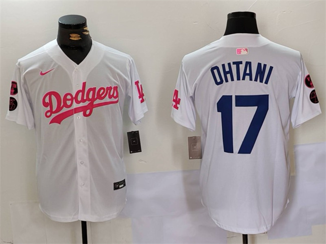 Men's Los Angeles Dodgers #17 Shohei Ohtani White Pink Vin & Kobe Patch Stitched Baseball Jersey Men's Los Angeles Dodgers #17 Shohei Ohtani White Pink Vin & Kobe Patch Stitched Baseball Jersey