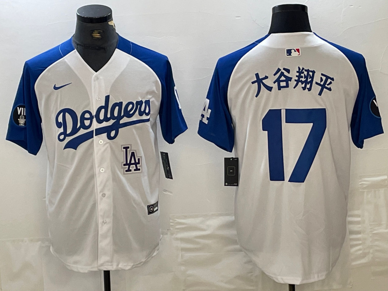 Men's Los Angeles Dodgers #17 Shohei Ohtani White Blue Vin Patch Cool Base Stitched Baseball Jersey 7 Men's Los Angeles Dodgers #17 Shohei Ohtani White Blue Vin Patch Cool Base Stitched Baseball Jersey 7