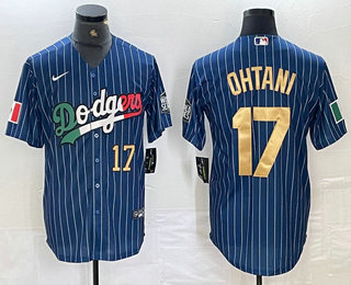 Men's Los Angeles Dodgers #17 Shohei Ohtani Number Mexico Blue Gold Pinstripe Cool Base Stitched Jersey Men's Los Angeles Dodgers #17 Shohei Ohtani Number Mexico Blue Gold Pinstripe Cool Base Stitched Jersey