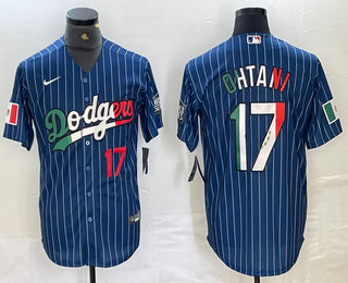 Men's Los Angeles Dodgers #17 Shohei Ohtani Number Mexico Blue Pinstripe Cool Base Stitched Jersey Men's Los Angeles Dodgers #17 Shohei Ohtani Number Mexico Blue Pinstripe Cool Base Stitched Jersey