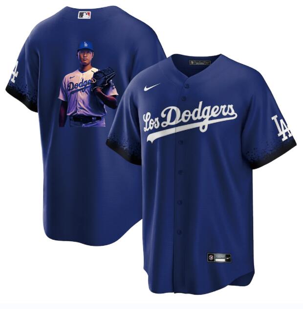 Men's Los Angeles Dodgers #17 Shohei Ohtani Blue Big Logo City Connect Cool Base Stitched Jersey 3 Men's Los Angeles Dodgers #17 Shohei Ohtani Blue Big Logo City Connect Cool Base Stitched Jersey 3