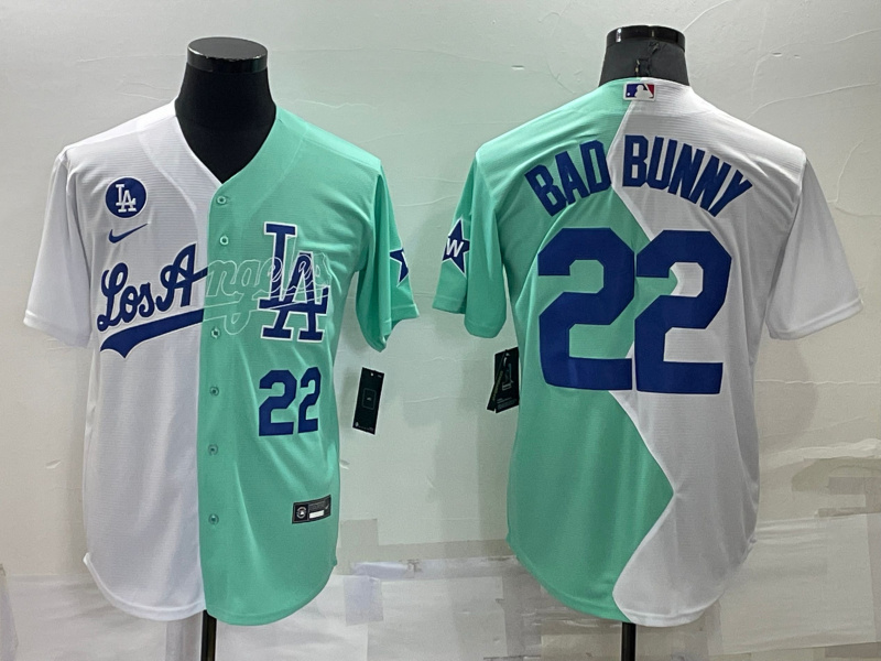 Men's Los Angeles Dodgers #22 Bad Bunny 2022 All-Star White Green Cool Base Baseball Jerseys Men's Los Angeles Dodgers #22 Bad Bunny 2022 All-Star White Green Cool Base Baseball Jerseys