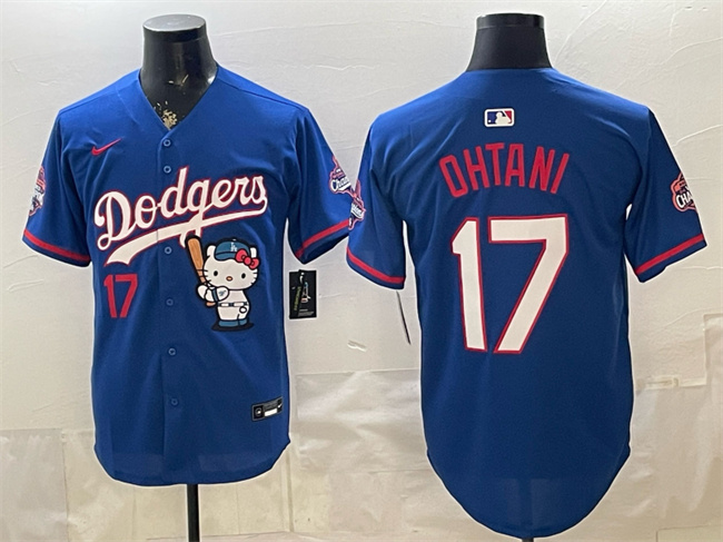 Men's Los Angeles Dodgers #17 Shohei Ohtani Royal Hello Kitty Night 2025 World Series Champions Patch Stitched Baseball Jersey