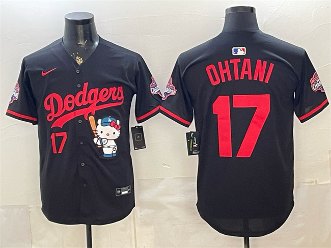 Men's Los Angeles Dodgers #17 Shohei Ohtani Black Hello Kitty Night 2025 World Series Champions Patch Stitched Baseball Jersey Men's Los Angeles Dodgers #17 Shohei Ohtani Black Hello Kitty Night 2025 World Series Champions Patch Stitched Baseball Jersey