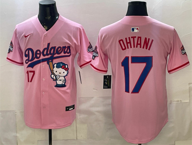 Men's Los Angeles Dodgers #17 Shohei Ohtani Pink Hello Kitty Night 2025 World Series Champions Patch Stitched Baseball Jersey Men's Los Angeles Dodgers #17 Shohei Ohtani Pink Hello Kitty Night 2025 World Series Champions Patch Stitched Baseball Jersey