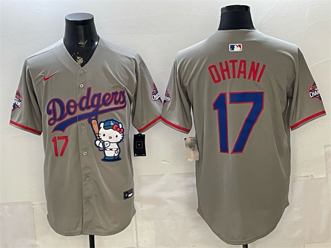 Men's Los Angeles Dodgers #17 Shohei Ohtani Grey Hello Kitty Night 2025 World Series Champions Patch Stitched Baseball Jersey Men's Los Angeles Dodgers #17 Shohei Ohtani Grey Hello Kitty Night 2025 World Series Champions Patch Stitched Baseball Jersey