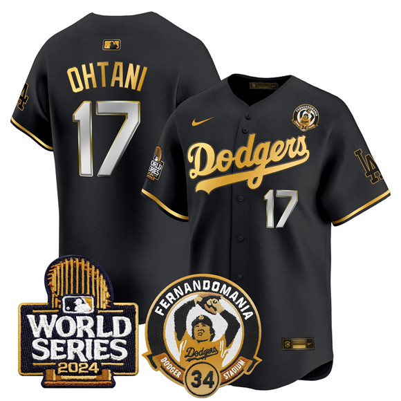 Men's Los Angeles Dodgers #17 Shohei Ohtani Black Gold Fernando Valenzuela & 2024 World Series Patch Limited Stitched Baseball Jersey Men's Los Angeles Dodgers #17 Shohei Ohtani Black Gold Fernando Valenzuela & 2024 World Series Patch Limited Stitched Baseball Jersey