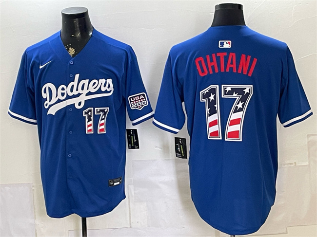 Men's Los Angeles Dodgers #17 Shohei Ohtani Royal 250 Fourth of July Stitched Baseball Jersey Men's Los Angeles Dodgers #17 Shohei Ohtani Royal 250 Fourth of July Stitched Baseball Jersey