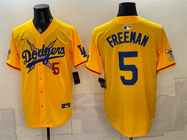 Men's Los Angeles Dodgers x One Piece #5 Freddie Freeman Yellow Vapor Premier Limited Stitched Baseball Jersey Men's Los Angeles Dodgers x One Piece #5 Freddie Freeman Yellow Vapor Premier Limited Stitched Baseball Jersey