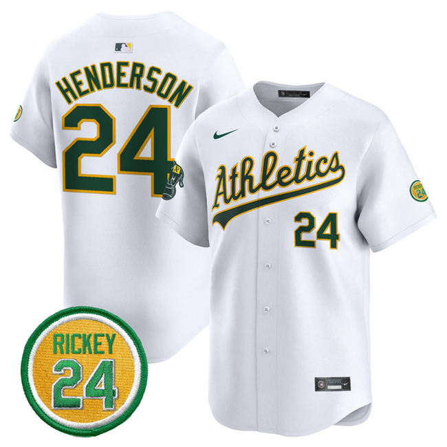 Men's Oakland Athletics #24 Rickey Henderson White 2024 Home Limited With Rickey Henderson Patch Stitched Jersey Men's Oakland Athletics #24 Rickey Henderson White 2024 Home Limited With Rickey Henderson Patch Stitched Jersey