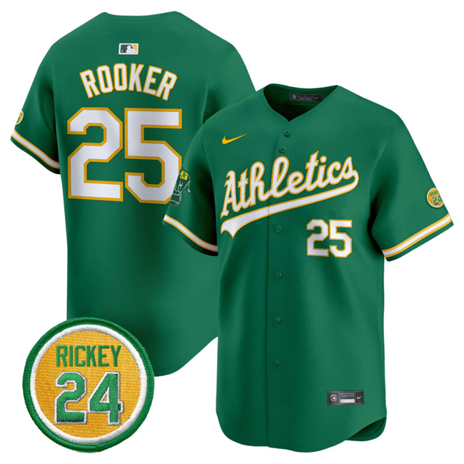 Men's Oakland Athletics #25 Brent Rooker Green 2024 Limited With Rickey Henderson Patch Stitched Jersey Men's Oakland Athletics #25 Brent Rooker Green 2024 Limited With Rickey Henderson Patch Stitched Jersey