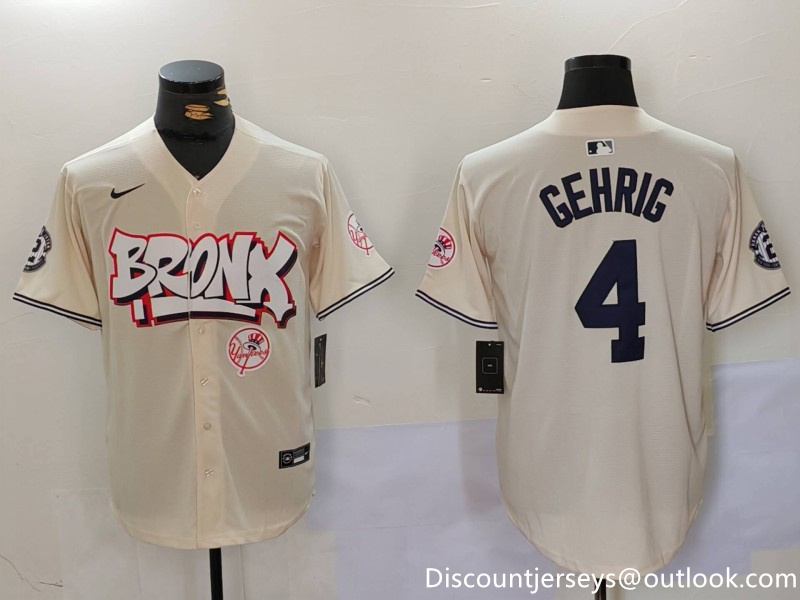 Men's New York Yankees #4 Lou Gehrig The Bronx Graffiti V2 Vapor Limited Stitched Baseball Jersey 3