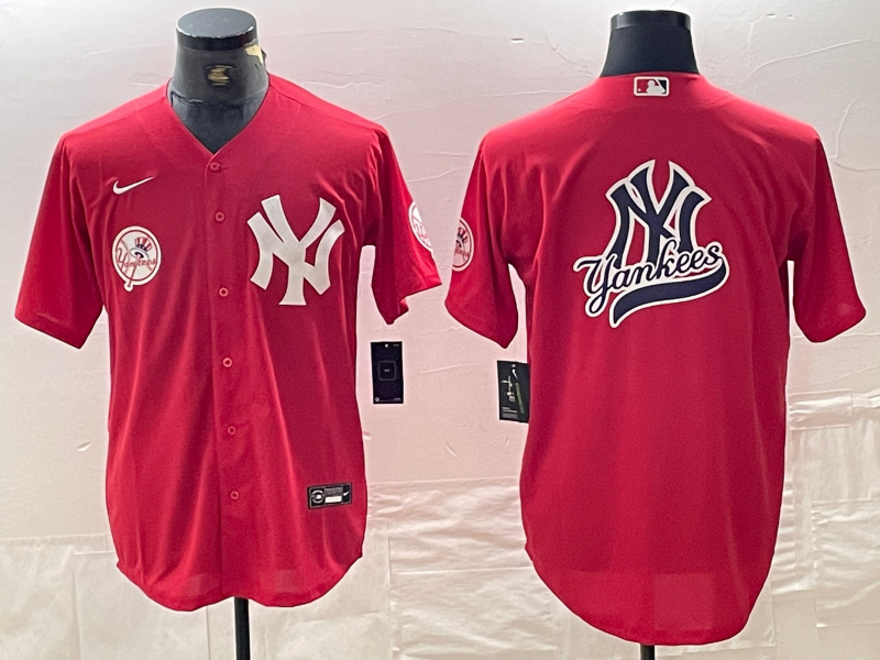 Men's New York Yankees Big Logo Red Cool Base Stitched Baseball Jersey 7 Men's New York Yankees Big Logo Red Cool Base Stitched Baseball Jersey 7