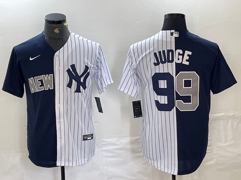 Men's New York Yankees #99 Aaron Judge Navy White Split Stitched Baseball Jersey Men's New York Yankees #99 Aaron Judge Navy White Split Stitched Baseball Jersey