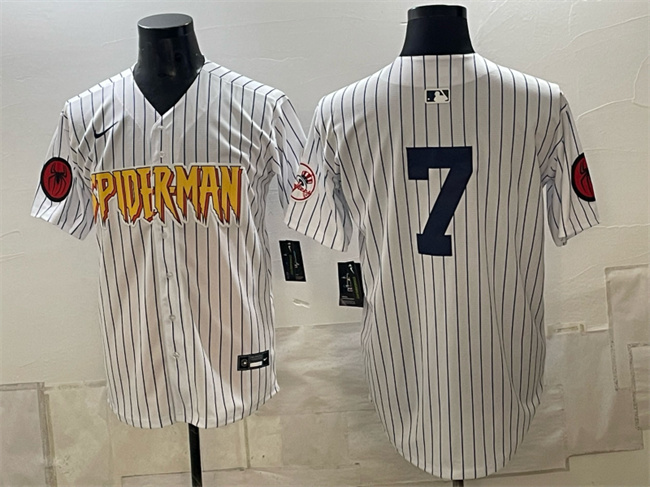 Men's New York Yankees X Spider-Man #7 Mickey Mantle White Limited Stitched Baseball Jersey