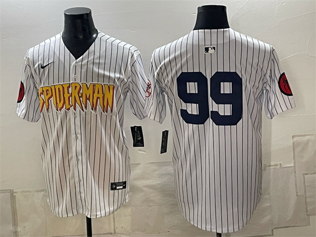 Men's New York Yankees X Spider-Man #99 Aaron Judge White Limited Stitched Baseball Jersey