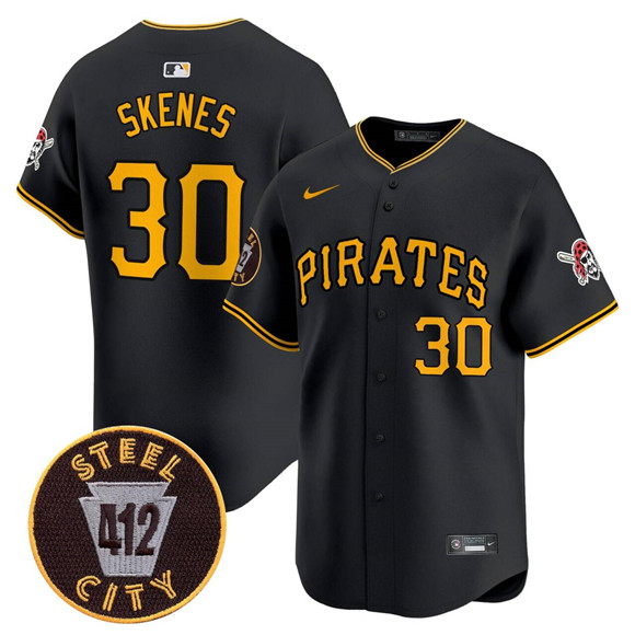 Men's Pittsburgh Pirates #30 Paul Skenes Black 412 Patch Limited V3 Stitched Baseball Jersey