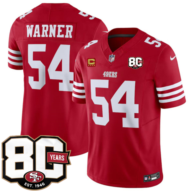 Men's San Francisco 49ers #54 Fred Warner Red 80th Anniversary Patch And 4-Star C Patch 2026 F.U.S.E. Vapor Untouchabl2026 F.U.S.E. Vapor Untouchable Limited Stitched Football Jersey Men's San Francisco 49ers #54 Fred Warner Red 80th Anniversary Patch And 4-Star C Patch 2026 F.U.S.E. Vapor Untouchabl2026 F.U.S.E. Vapor Untouchable Limited Stitched Football Jersey