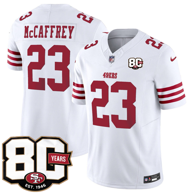 Men's San Francisco 49ers #23 Christian McCaffrey White 80th Anniversary Patch 2026 F.U.S.E. Vapor Untouchabl2026 F.U.S.E. Vapor Untouchable Limited Stitched Football Jersey Men's San Francisco 49ers #23 Christian McCaffrey White 80th Anniversary Patch 2026 F.U.S.E. Vapor Untouchabl2026 F.U.S.E. Vapor Untouchable Limited Stitched Football Jersey