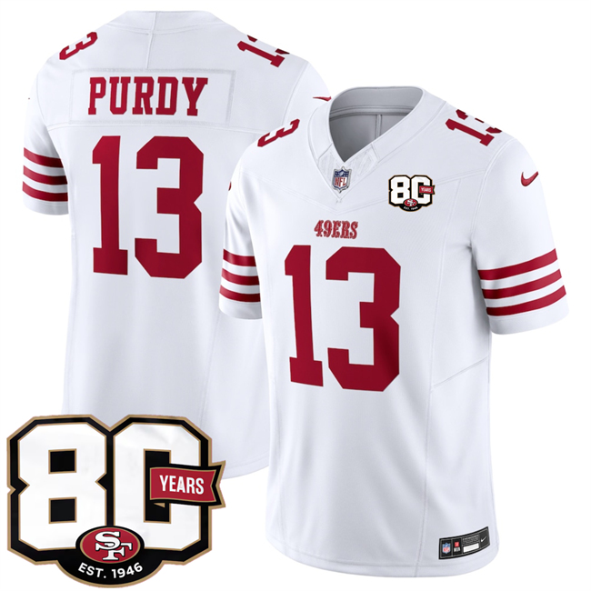 Men's San Francisco 49ers #13 Brock Purdy White 80th Anniversary Patch 2026 F.U.S.E. Vapor Untouchabl2026 F.U.S.E. Vapor Untouchable Limited Stitched Football Jersey Men's San Francisco 49ers #13 Brock Purdy White 80th Anniversary Patch 2026 F.U.S.E. Vapor Untouchabl2026 F.U.S.E. Vapor Untouchable Limited Stitched Football Jersey