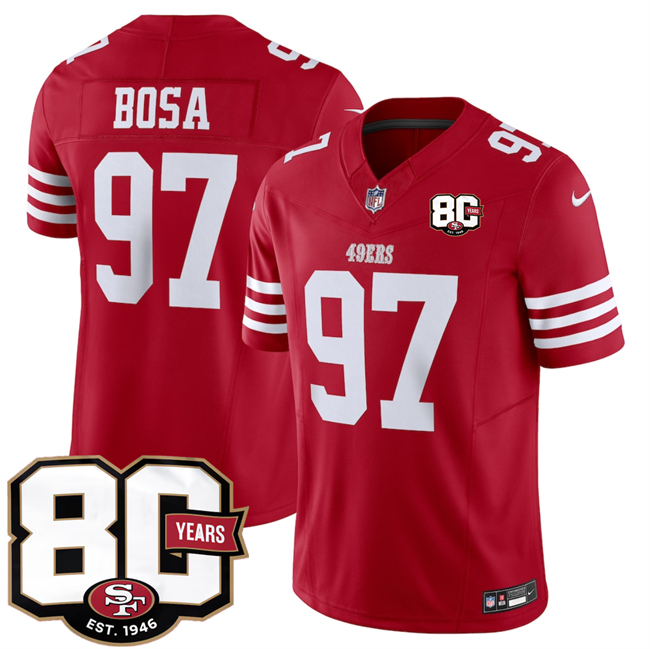 Men's San Francisco 49ers #97 Nick Bosa Red 80th Anniversary Patch 2026 F.U.S.E. Vapor Untouchabl2026 F.U.S.E. Vapor Untouchable Limited Stitched Football Jersey Men's San Francisco 49ers #97 Nick Bosa Red 80th Anniversary Patch 2026 F.U.S.E. Vapor Untouchabl2026 F.U.S.E. Vapor Untouchable Limited Stitched Football Jersey