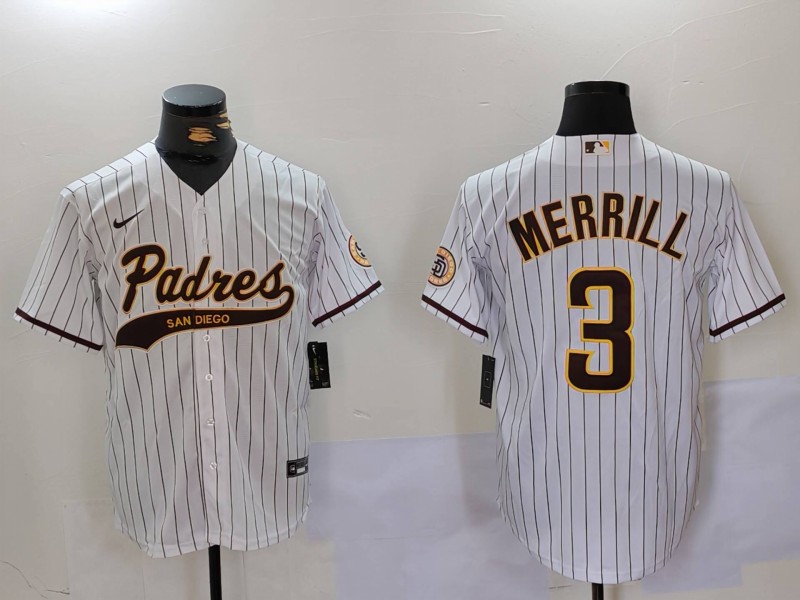 Men's San Diego Padres #3 Jackson Merrill White Cool Base Stitched Baseball Jersey 023 Men's San Diego Padres #3 Jackson Merrill White Cool Base Stitched Baseball Jersey 023