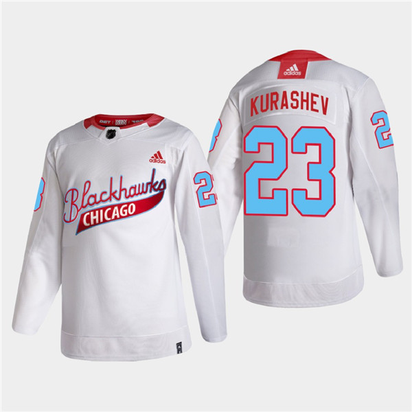Men's Chicago Blackhawks #23 Philipp Kurashev 2022 Community Night White Stitched Jersey Men's Chicago Blackhawks #23 Philipp Kurashev 2022 Community Night White Stitched Jersey