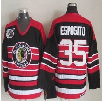 Chicago Blackhawks #35 Tony Esposito Red Black 75TH CCM Stitched NHL Jersey Chicago Blackhawks #35 Tony Esposito Red Black 75TH CCM Stitched NHL Jersey