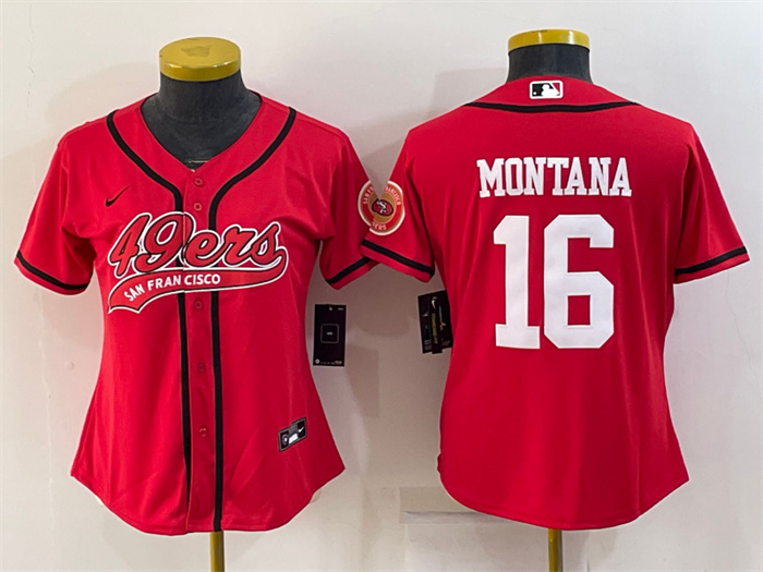 Women's San Francisco 49ers #16 Joe Montana Red With Patch Cool Base Stitched Baseball Jersey(Run Small) Women's San Francisco 49ers #16 Joe Montana Red With Patch Cool Base Stitched Baseball Jersey(Run Small)