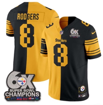 Men's Pittsburgh Steelers #8 Aaron Rodgers Split Gold Black 6XL superbowl Champions Vapor Limited Stitched Football Jersey