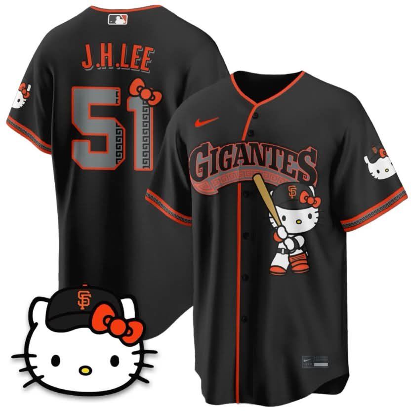 Men's San Francisco Giants X Hello Kitty #51 Jung Hoo Lee Black 2026 Alternate Stadium Stitched Baseball Jersey