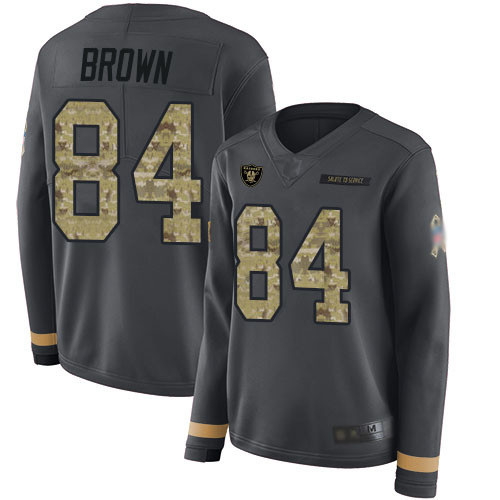 Raiders #84 Antonio Brown Anthracite Salute to Service Women's Stitched Football Limited Therma Long Sleeve Jersey