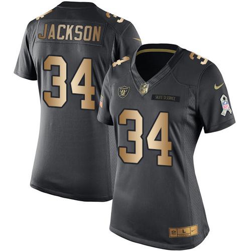 Nike Raiders #34 Bo Jackson Black Women's Stitched NFL Limited Gold Salute to Service Jersey