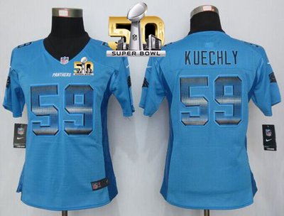 Nike Panthers #59 Luke Kuechly Blue Alternate Super Bowl 50 Women's Stitched NFL Elite Strobe Jersey