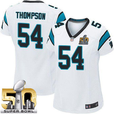 Nike Panthers #54 Shaq Thompson White Super Bowl 50 Women's Stitched NFL Elite Jersey