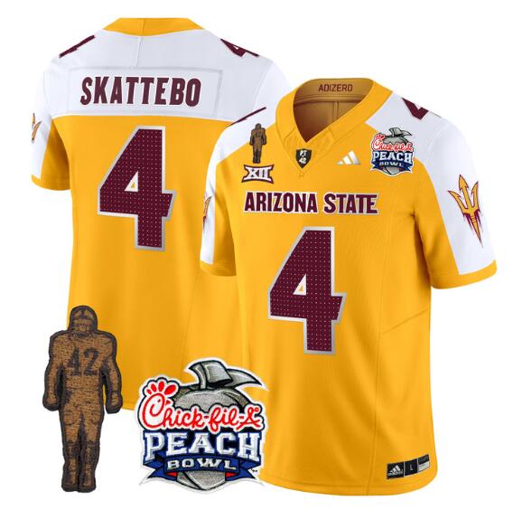 Men's Arizona State Sun Devils #4 Cam Skattebo 2024 F.U.S.E. Gold White Pat Tillman & Peach Bowl Patch Vapor Limited Stitched Jersey