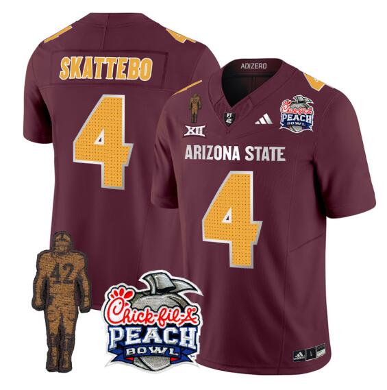 Men's Arizona State Sun Devils #4 Cam Skattebo 2024 F.U.S.E. Maroon Pat Tillman & Peach Bowl Patch Vapor Limited Stitched Jersey 1